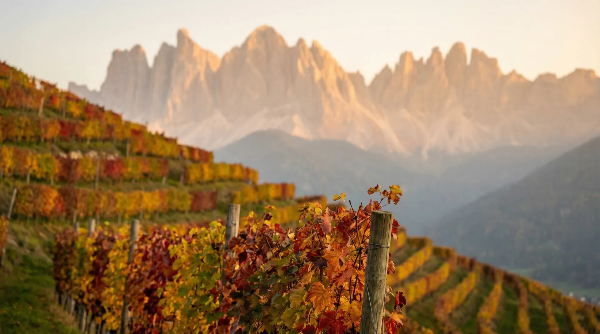 Südtiroler Weinberge im Herbstlicht mit Blick auf die Dolomiten